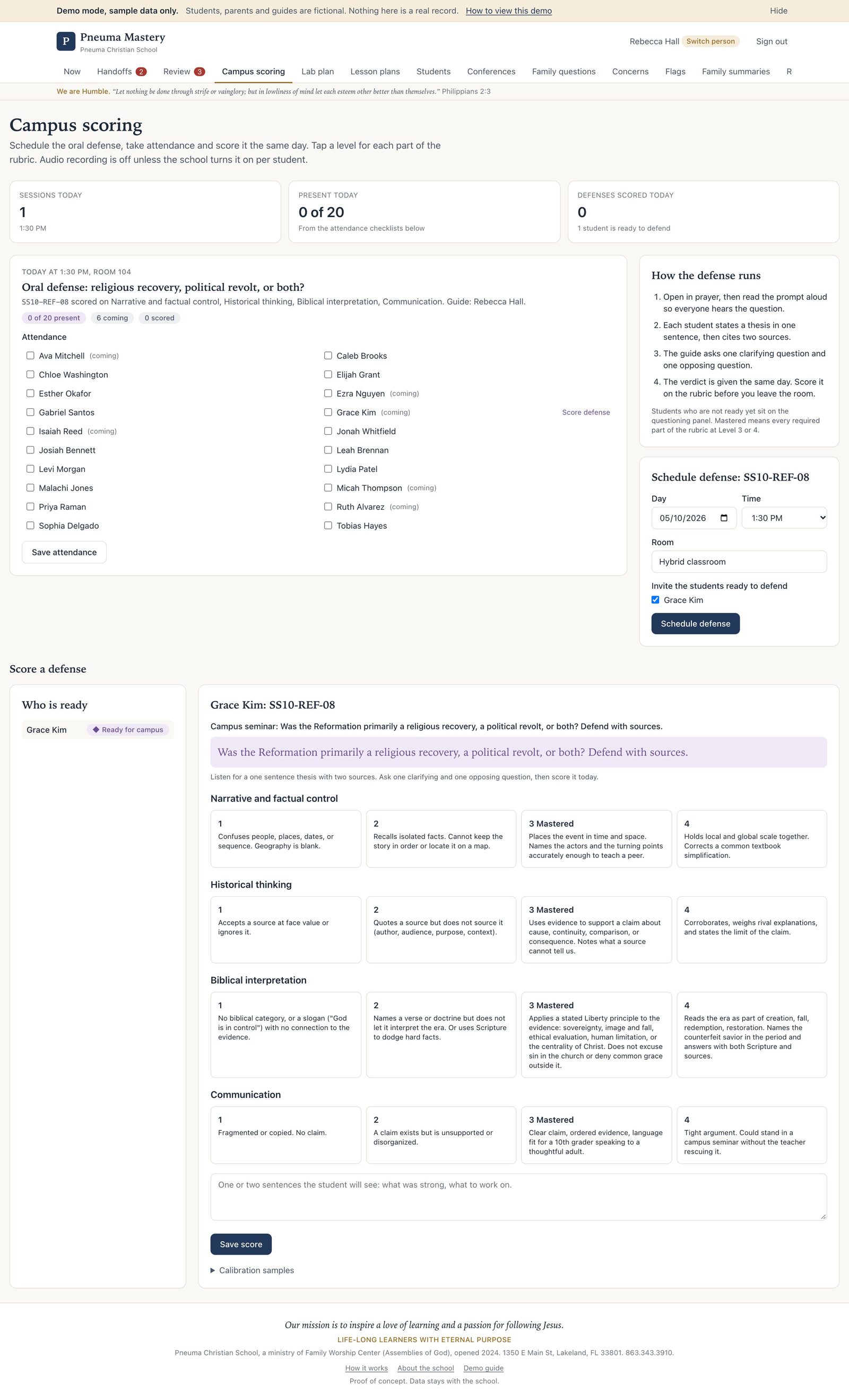 Campus scoring of an oral defense on the Reformation, with rubric levels for each part